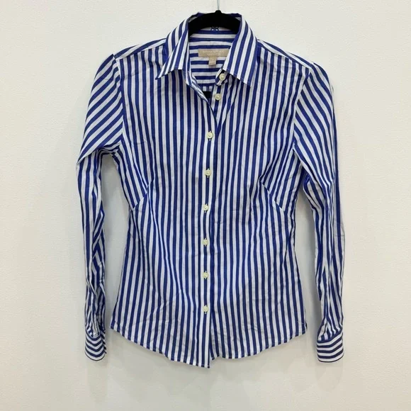 BANANA REPUBLIC Blue Striped Shirt Blouse Button front classic non iron fitted 0 - Picture 3 of 6